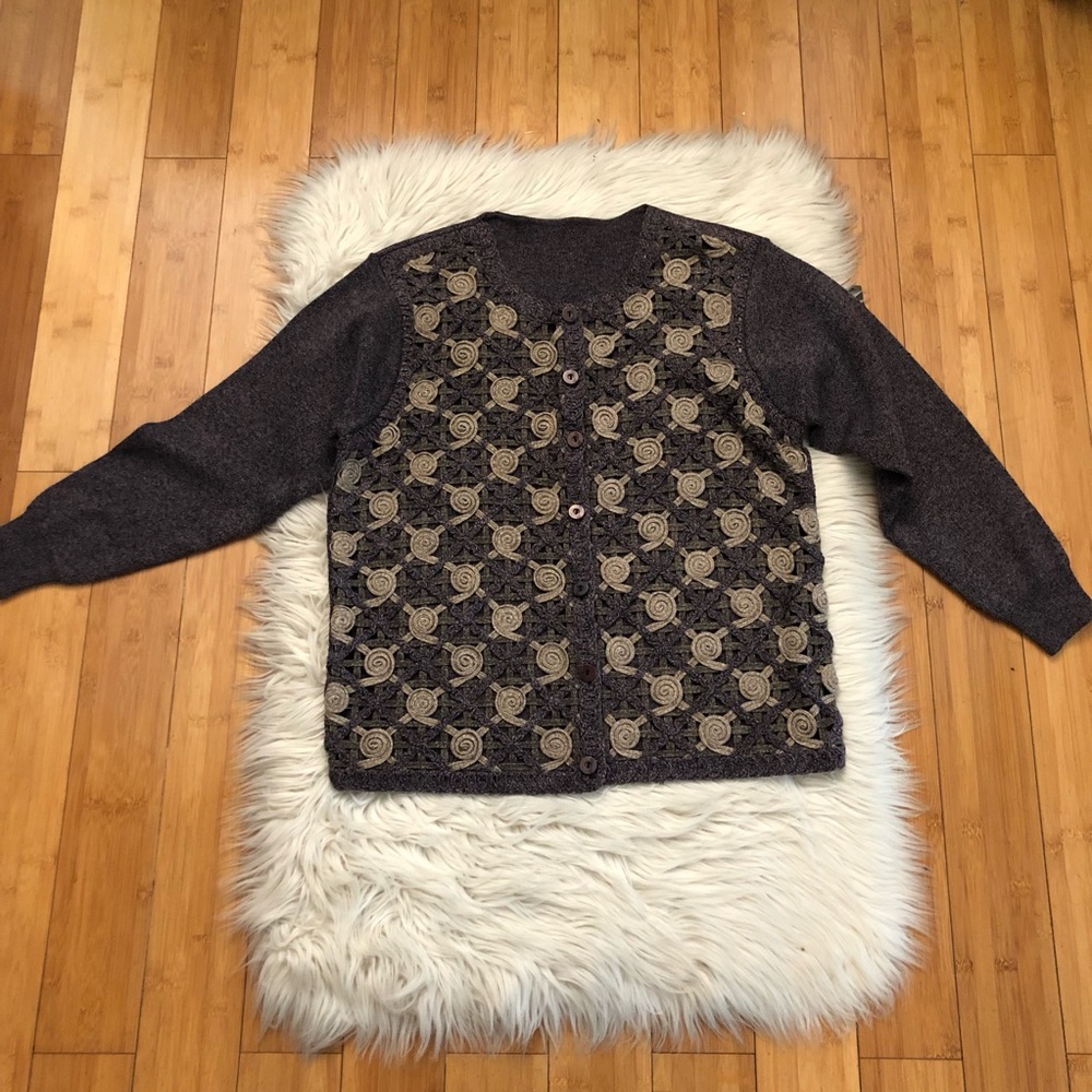 Lace Crochet Textured See Through Lavender Cream Sweater Cardigan Jacket size M
